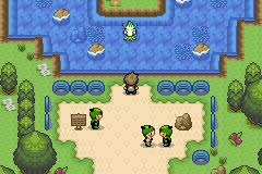 A sandy shore with benches along the water, a Bellsprout standing on a jetty and two trainers talking below