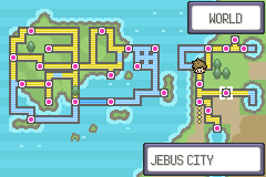 The world map screen, with a route of linked dots across two landmasses and the marker on Jebus City