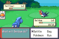 A battle between a Taillow and a Beldum in tall grass, with the menu open on Battle, Bag, Pokémon and Run