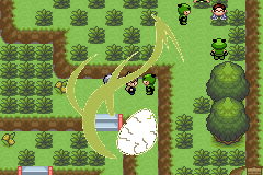 A hedge maze with a trainer mid-jump over a gap, a puff of dust under them and two more trainers further up the path