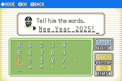 A text entry screen with a keypad of numbers and symbols and the words “New_Year_2025!” being typed in