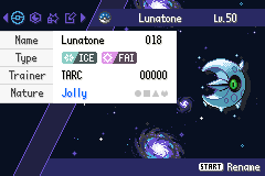 A Pokémon summary screen for a level 50 Lunatone, showing it retyped as Ice and Fairy with a Jolly nature