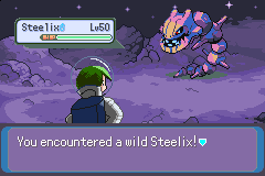 A battle beginning against a wild level 50 Steelix, redrawn as a spiked mechanical serpent against a starry night sky