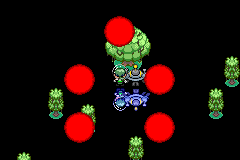 A boss battle against a large plant-like creature looming overhead, with red circular attack telegraphs surrounding the player's Pokémon