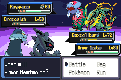 A battle against a Rayquaza and a Dracovish, with Baxcalibur and an armoured Mewtwo on the player's side
