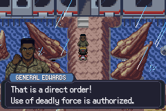 A dark-haired man in uniform blocking a corridor, captioned General Edwards, saying use of deadly force is authorized