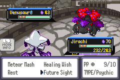 A battle screen with a Jirachi facing a Venusaur, the move list showing Meteor Mash, Healing Wish, Rest and Future Sight