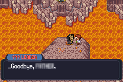 Two characters standing on a rock ledge above orange lava, mid-conversation