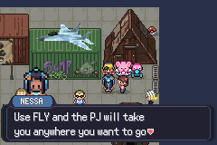 A small jet parked behind a fence in a city street, with a character called Nessa offering it to the player