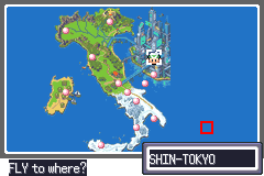 The region map, a long chain of islands, with the cursor on Shin-Tokyo