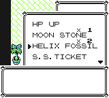 The item bag open on HP Up, a Moon Stone, the Helix Fossil and the S.S. Ticket