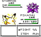A battle: an opposing Starmie at level 40 against the player's level 44 Pikachu with 110 of 120 HP, and the Fight and Item menu open