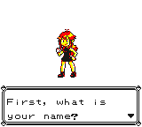 The female player character in red and yellow, above the question First, what is your name?