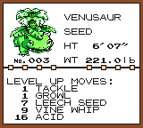 A Pokédex entry for Venusaur showing its height, weight and its level-up moves from level 1 to level 16