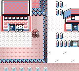 A town seen from above: the player outside a Poké Mart, with houses and fences to the right