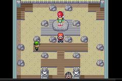 A trainer battle indoors with the player's team out