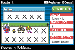 The DexNav-style search screen for finding a wild Pokémon on a route